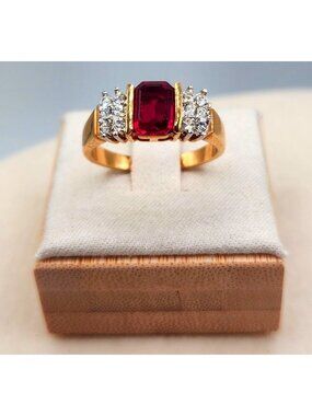 14KGP Yellow Gold Synthetic Ruby & CZ Emerald Cut Center Stone